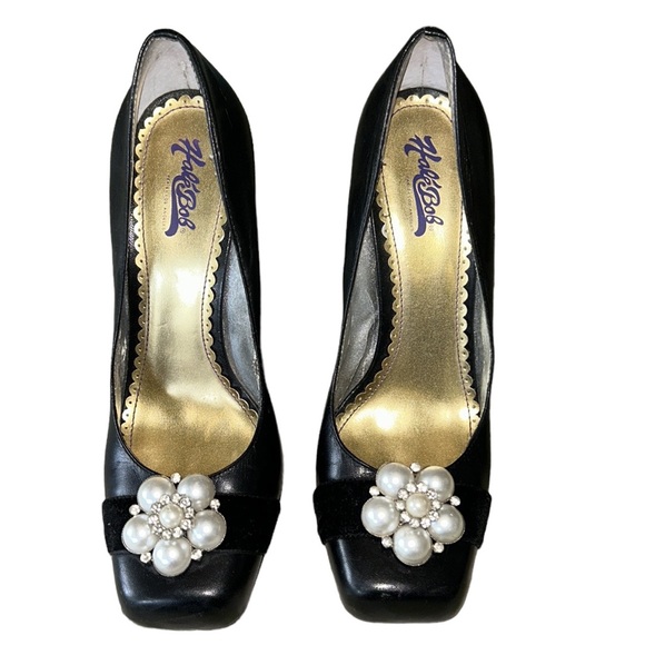 Hale Bob Black Leather Embellished Rhinestone Pearl Square Toe Chunky Heels - 8 - Picture 6 of 16